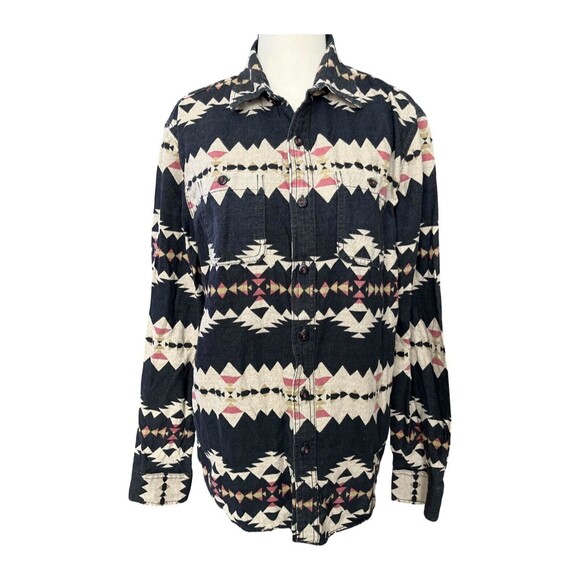 Flannel Men Black Shirt Tribal Print Button Up Long Sleeve Men's Size M - Picture 1 of 10